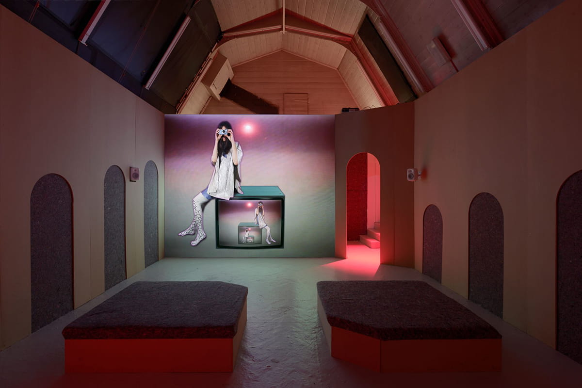 A wooden installation with receding arches at either side, and a projected film at the end. In the film a woman sits on a television. She lifts a camera that hides her face as she takes a photo. The flash from the camera has multiplied her within the television screen. At the back of the room there is an archway with a pink light glowing behind it.